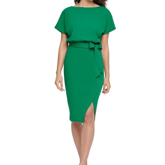 kensie Belted Blouson Wrap Sheath Dre Green - Picture 1 of 3